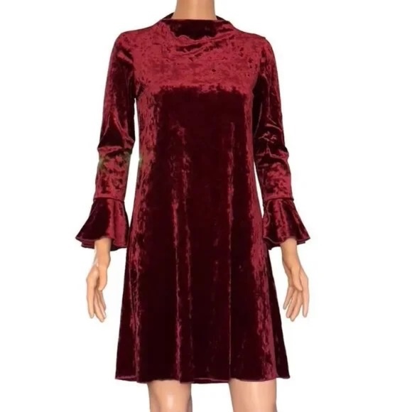 LC LAUREN CONRAD Wine Velour Bell Sleeve Shift Holiday Party Dress Small - Picture 1 of 5